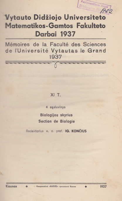 Vytauto Didžiojo Universiteto Matematikos-Gamtos Fakulteto Darbai 1934/1937 m.